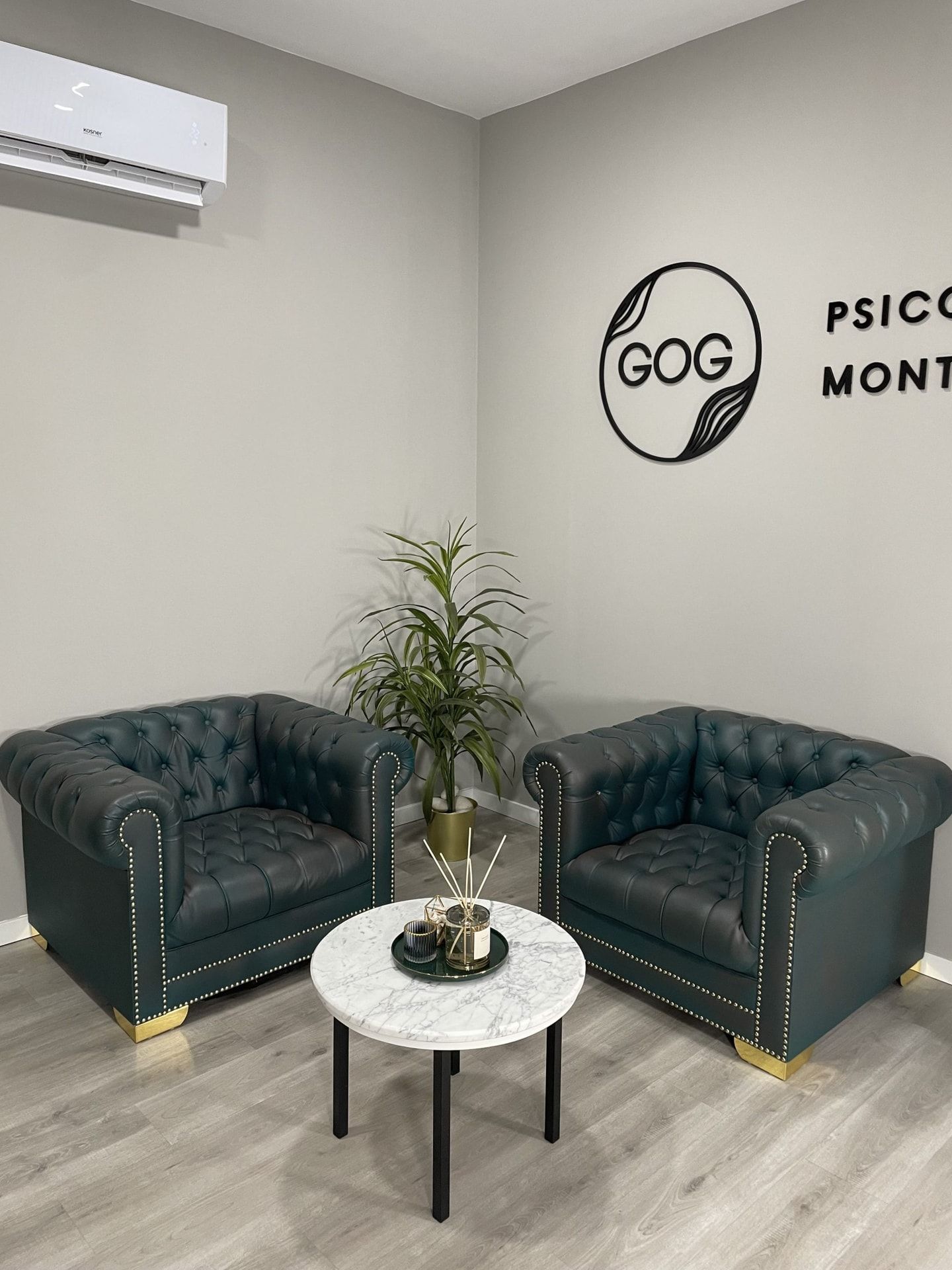 Sala de espera de GOG Psicología Montepríncipe, en Boadilla del Monte, con dos sillones y una mesa.